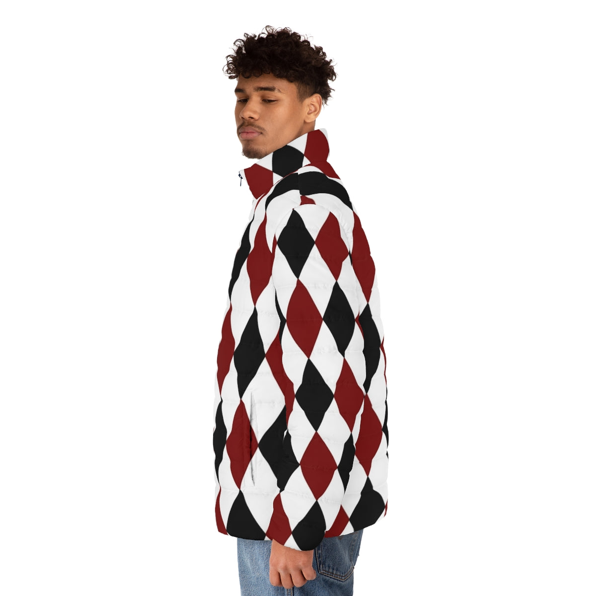 Black, white, and red harlequin puffer jacket with a classic diamond pattern design - men side left