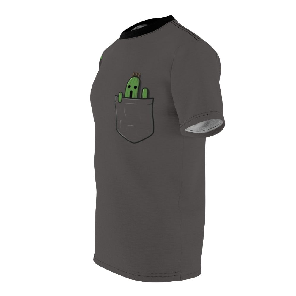 T-shirt featuring a small, cartoonish cactus-like character, perfect for fantasy and video game enthusiasts. - men left