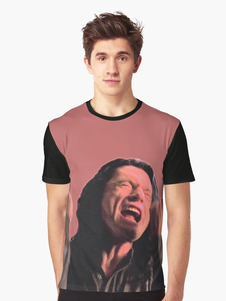 "The Room" graphic t-shirt with the quote "You're Tearing Me Apart Lisa!" and images of Tommy Wiseau. - Men