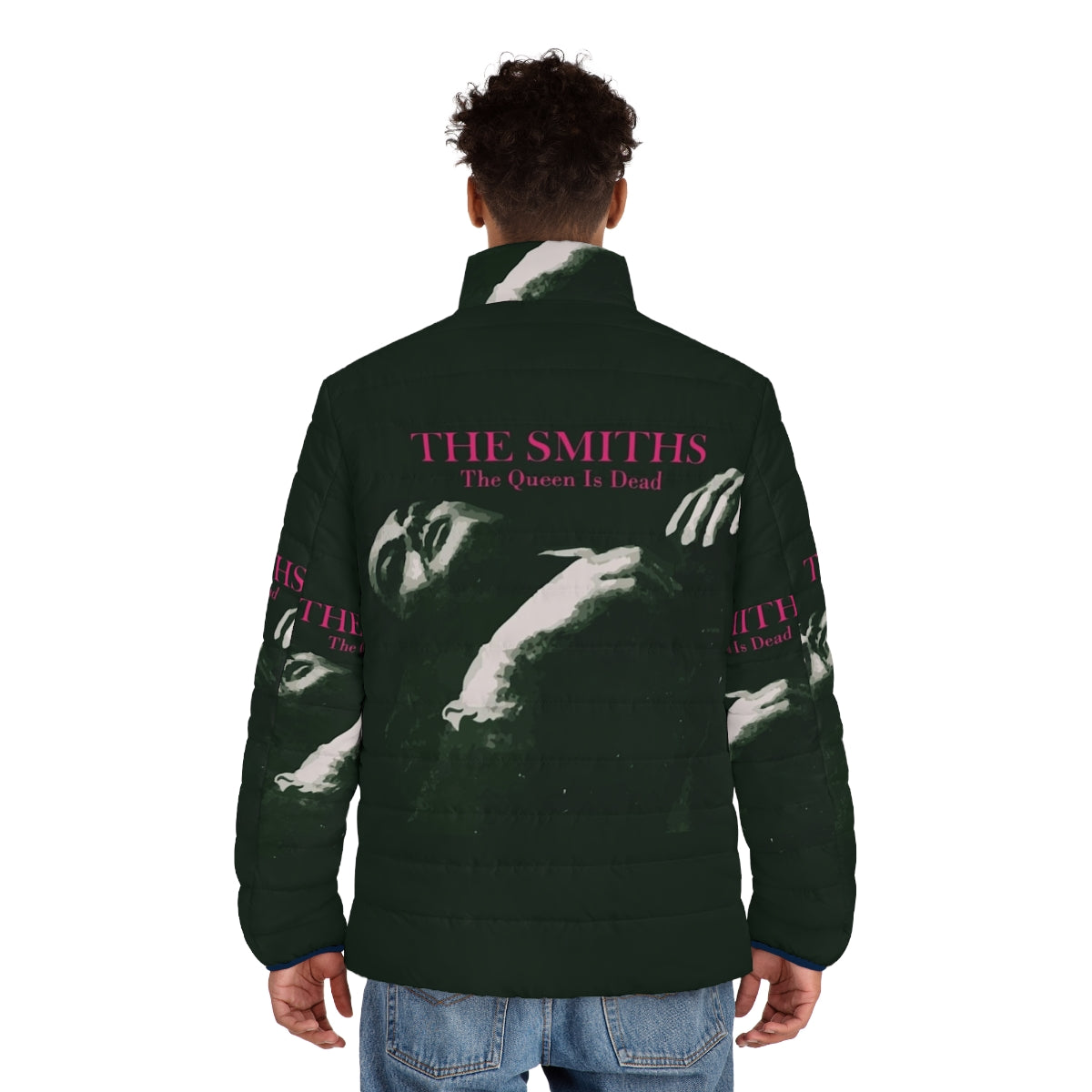 Graphic puffer jacket featuring The Smiths "The Queen Is Dead" album cover art - men back