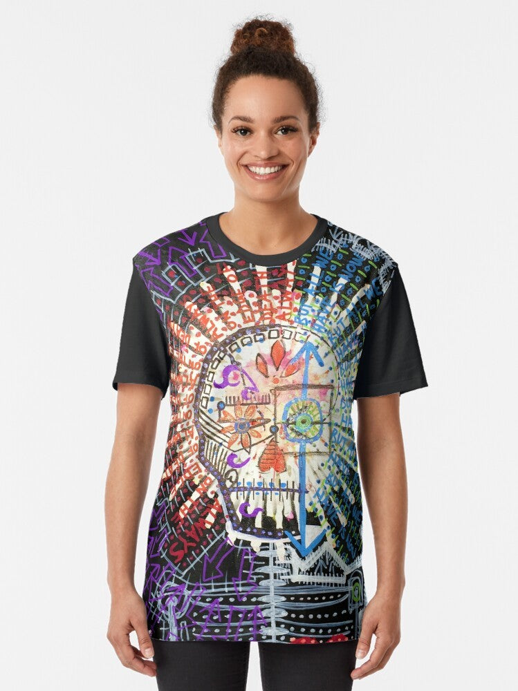 Surreal abstract art graphic t-shirt with the words "Always On The Edge Of Death, But All We Have Is Now" - Women