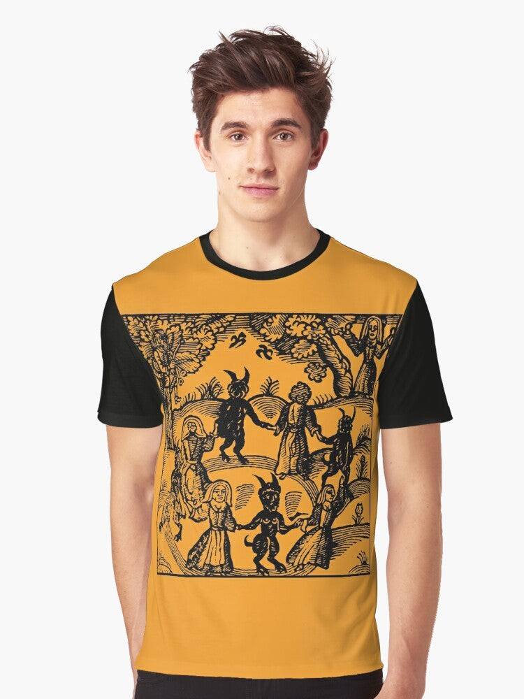 Magical "Dance with the Devil" graphic t-shirt featuring a goat, occult, and dancing skeleton design - Men