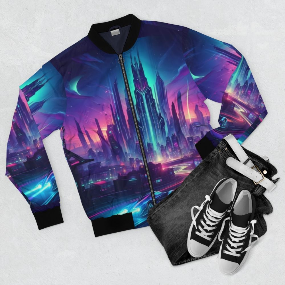 Futuristic city cyberpunk bomber jacket with neon lights and cityscape design - Flat lay