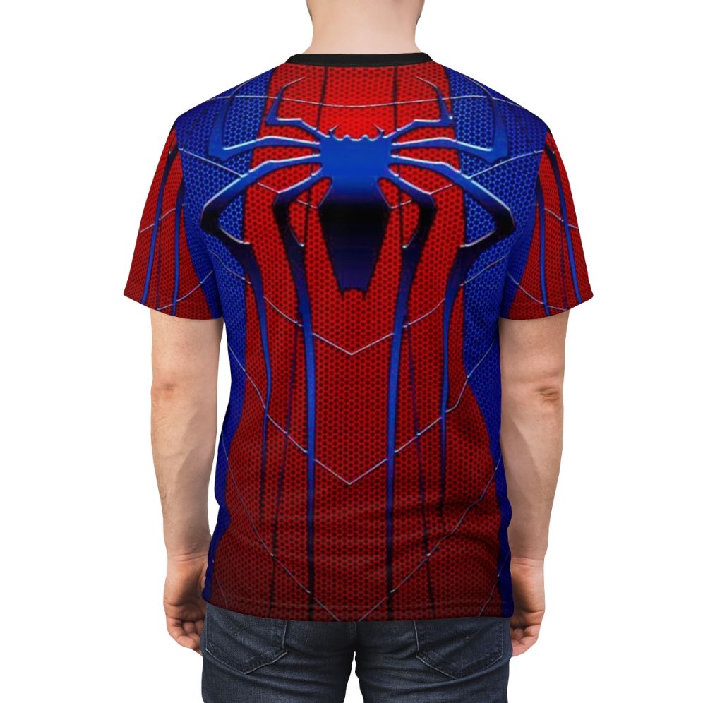 Traditional art-inspired spider web design on a high-quality t-shirt for Spider-Man fans - men back