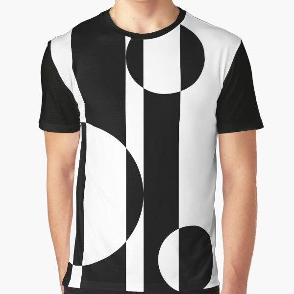 Retro 60s op art graphic t-shirt with black and white geometric patterns