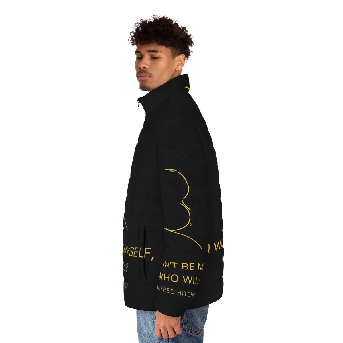 Alfred Hitchcock quote puffer jacket with black and gold design - men side left