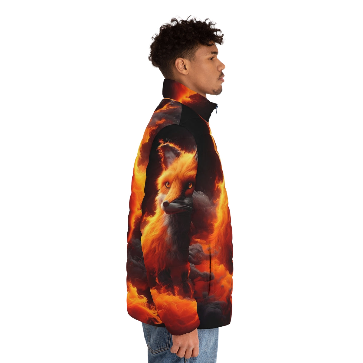 Fiery puffer jacket with abstract wildlife design - men side right