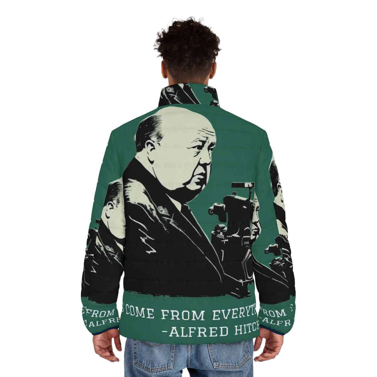 Alfred Hitchcock inspired puffer jacket with illustration - men back