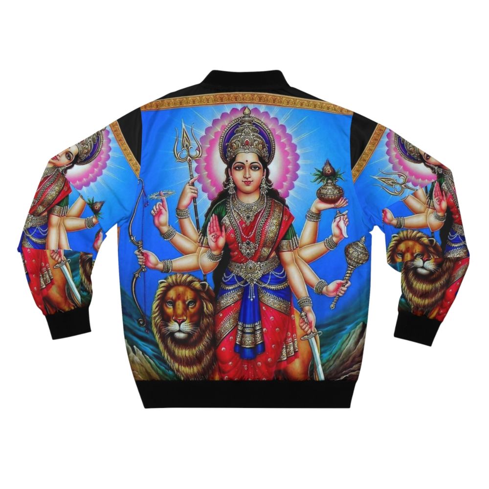 Vintage bomber jacket featuring a Hindu god design with arrows, mountains, staff, and other traditional Indian elements. - Back