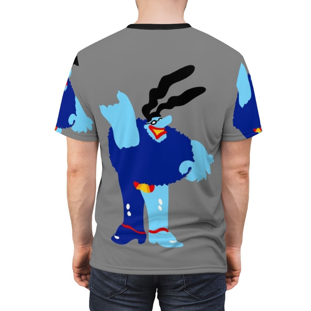 Retro-style t-shirt with a blue meanie graphic design, inspired by 1960s music and culture. - men back