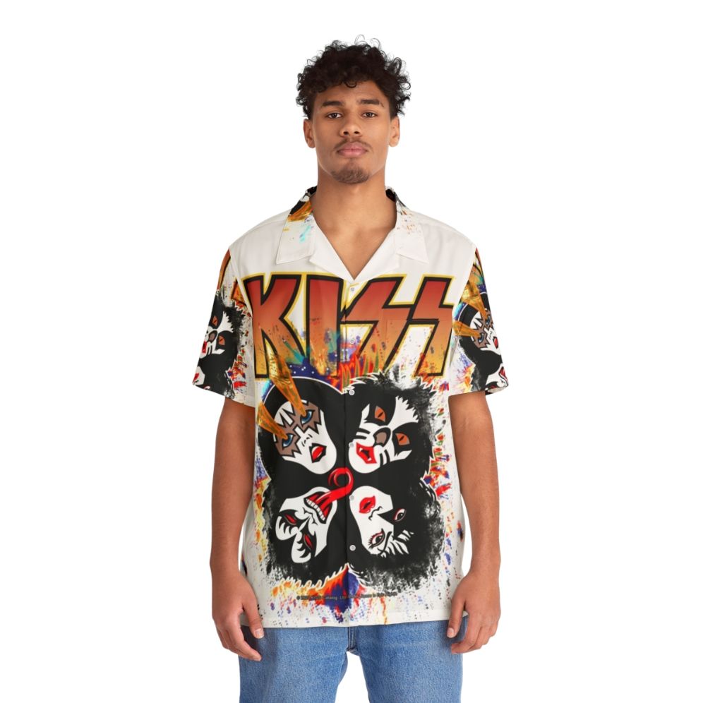 Kiss the Band Rock and Roll Over Splash Logo Hawaiian Shirt - People Front