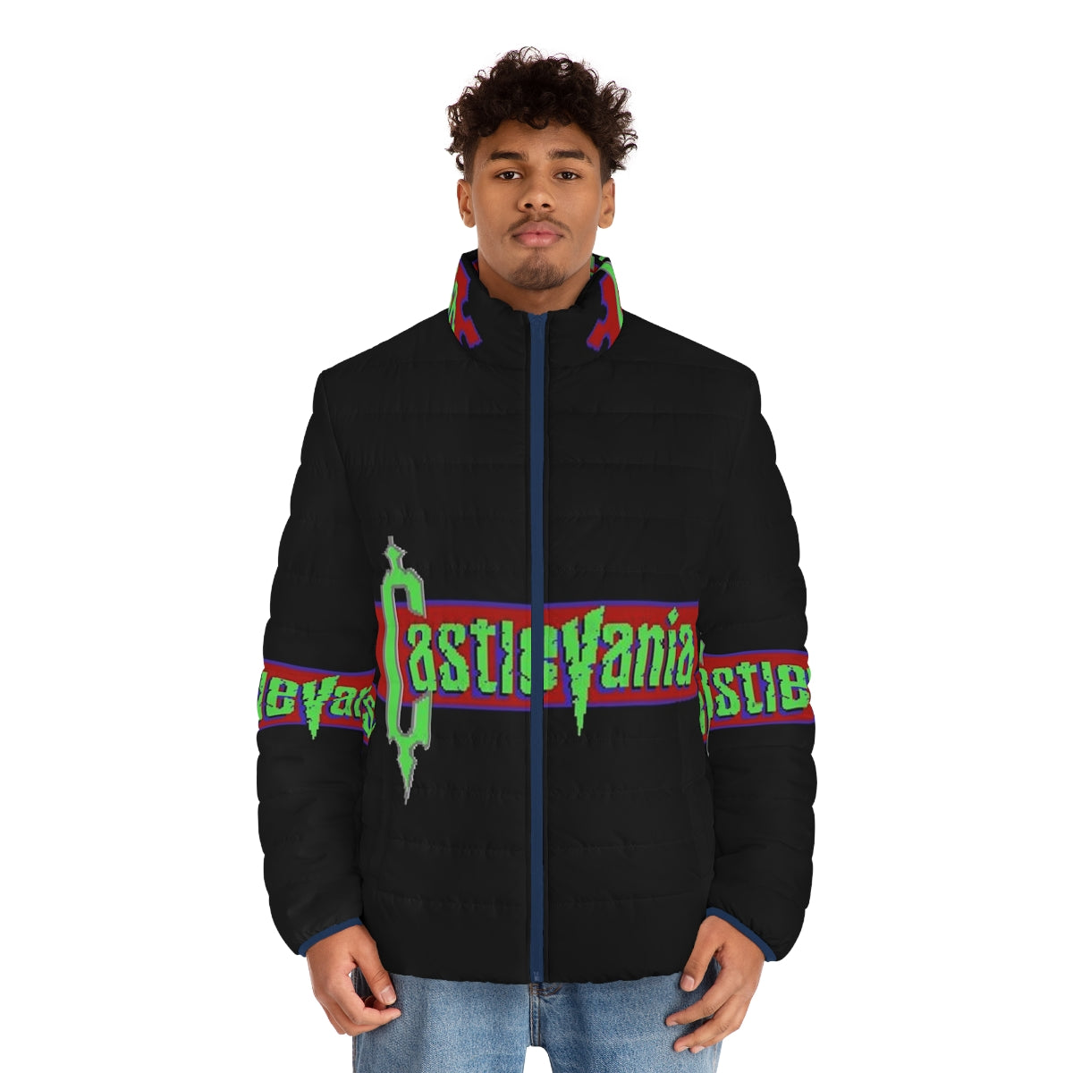 Castlevania logo puffer jacket with gothic and horror-inspired design - men front