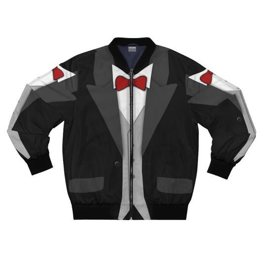 A black tuxedo-style bomber jacket with a red bow tie and vest