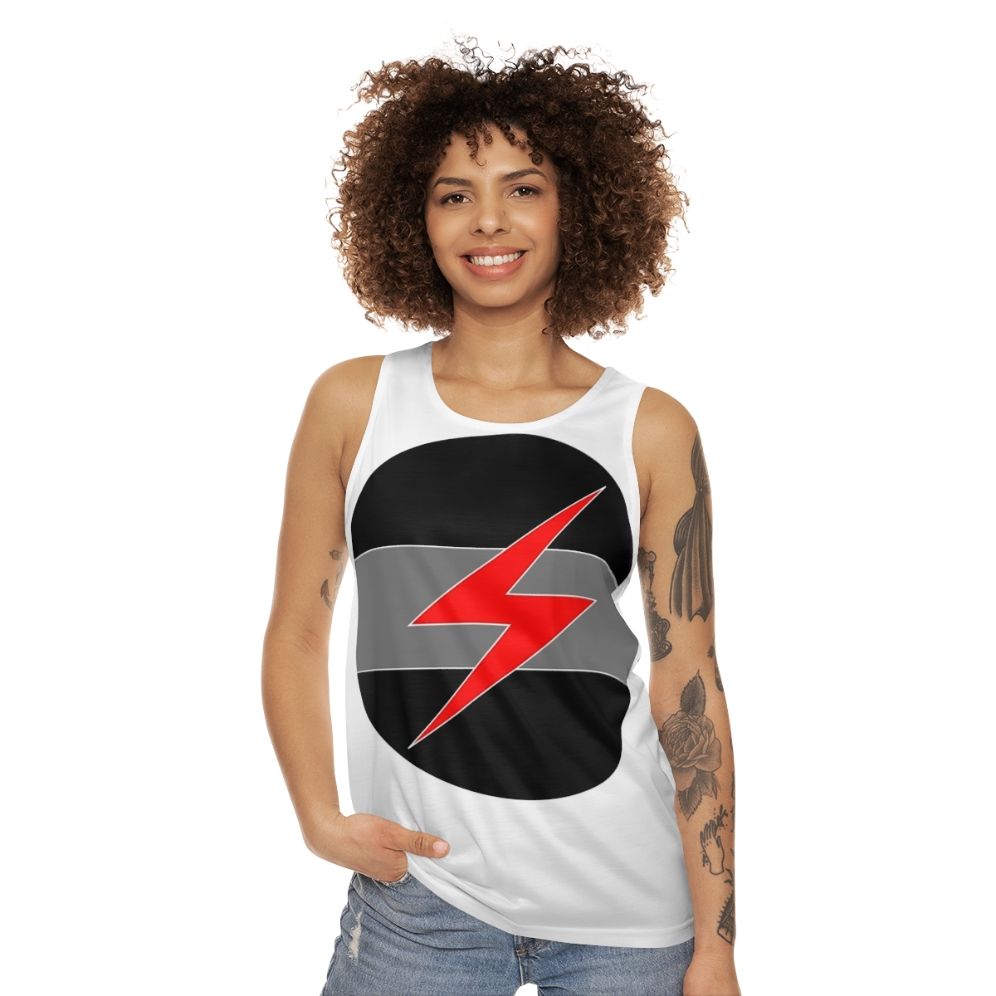 Grey unisex tank top with Throbbing Gristle industrial music band logo - women