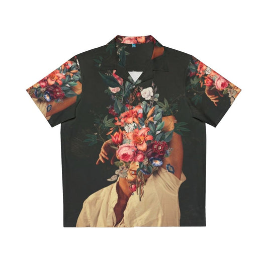 Vintage botanical Hawaiian shirt featuring surreal rose floral collage