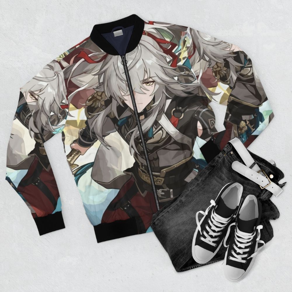 Honkai Star Rail bomber jacket with character designs and motifs - Flat lay