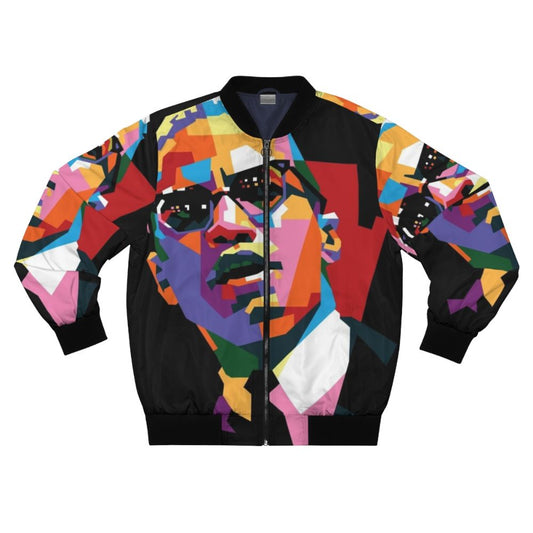 African American man wearing Malcolm X inspired bomber jacket