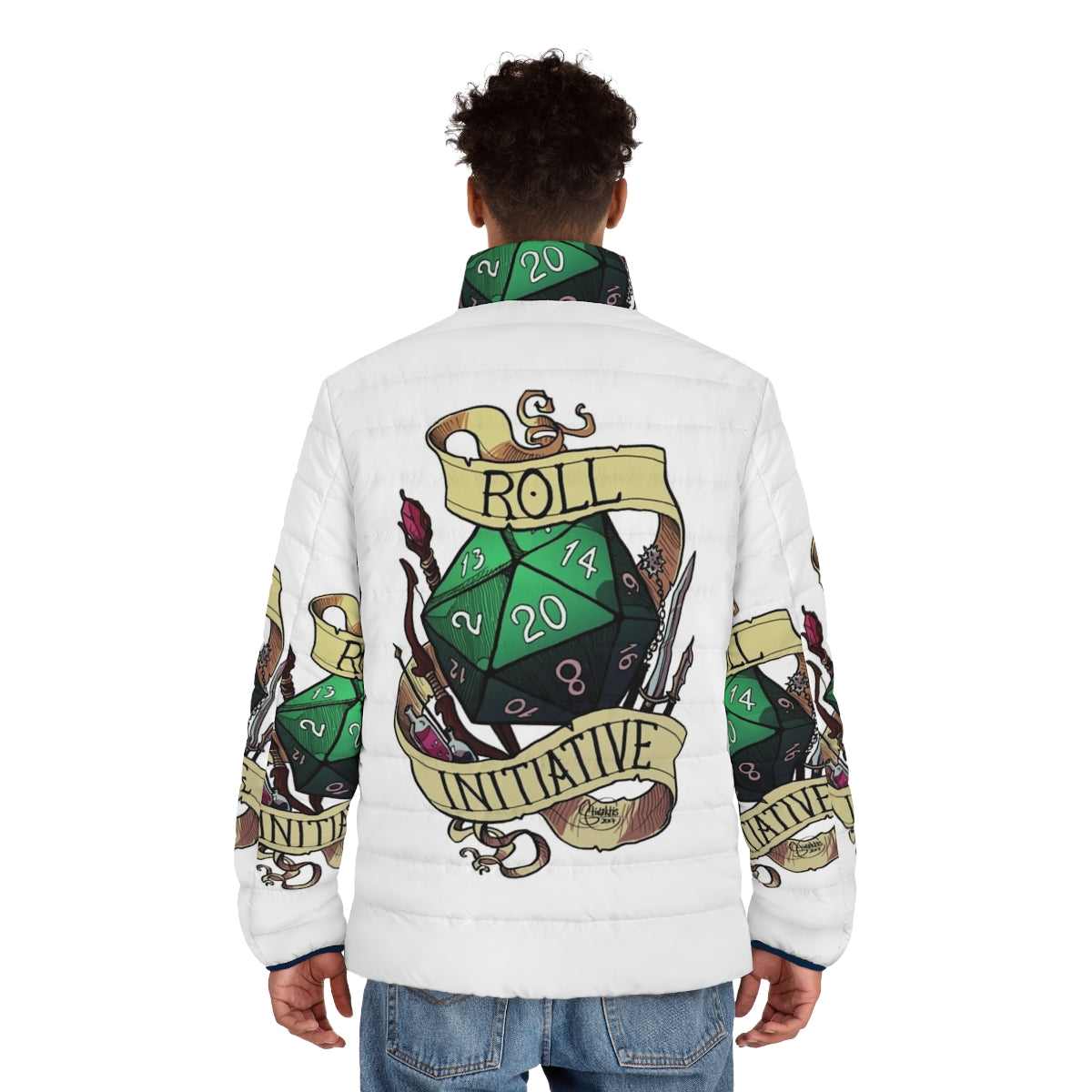 Dice puffer jacket with "Roll Initiative" printed design, perfect for tabletop RPG fans - men back