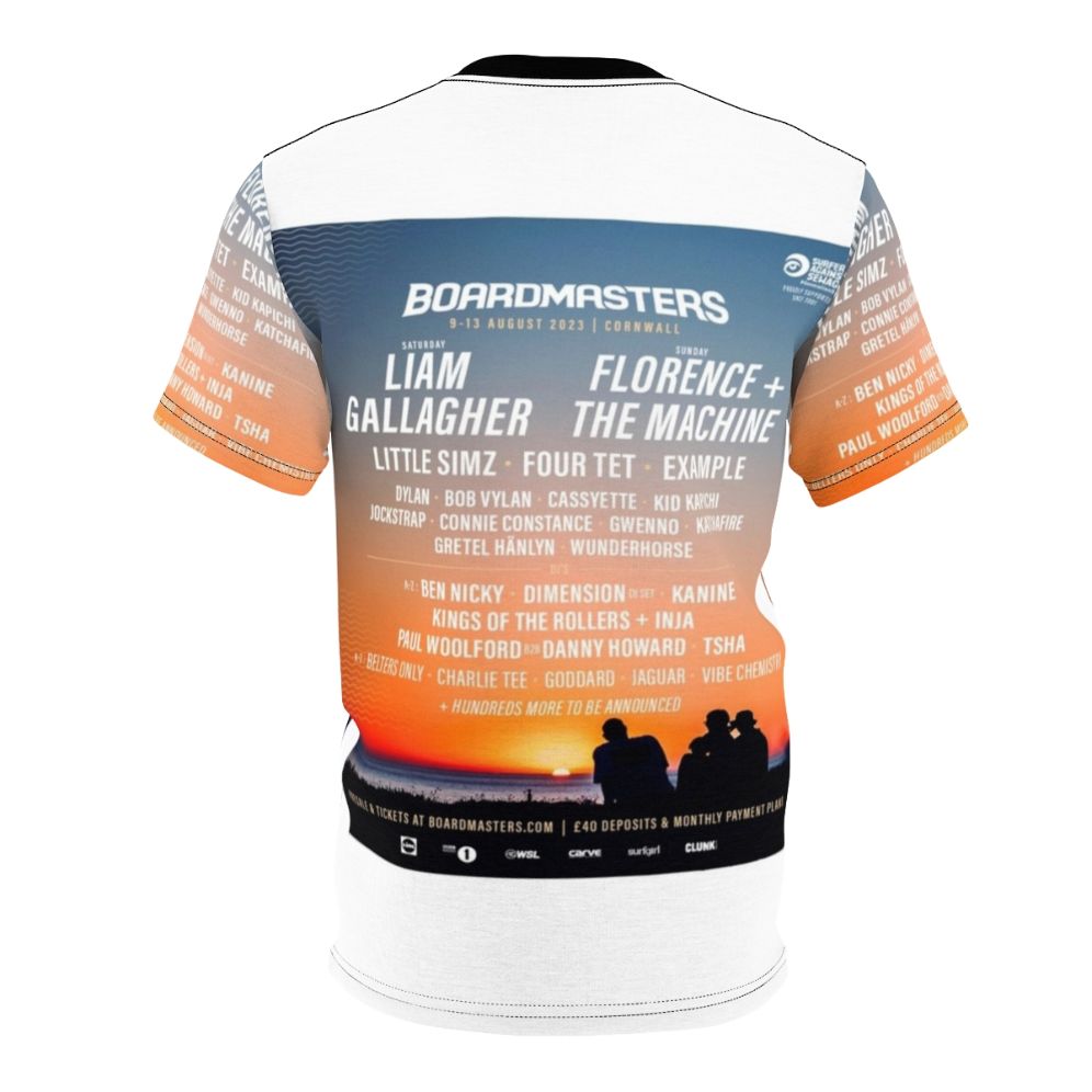 Boardmasters-inspired t-shirt with surfing, skateboarding, and music festival graphics - Back