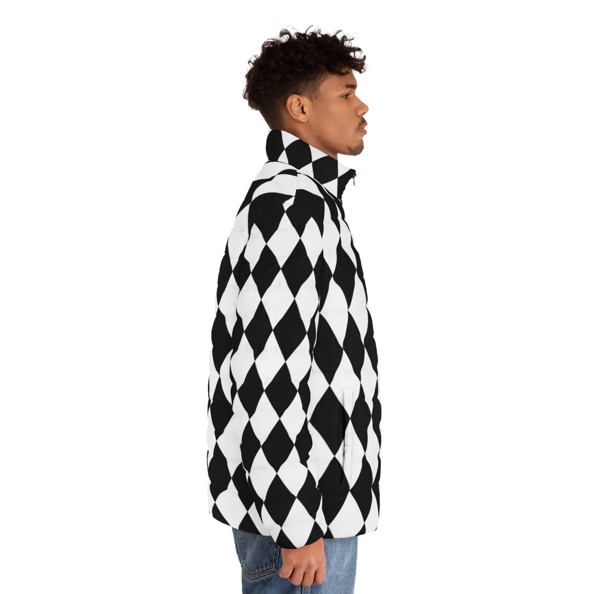 Black and white harlequin diamond pattern puffer jacket - men side right