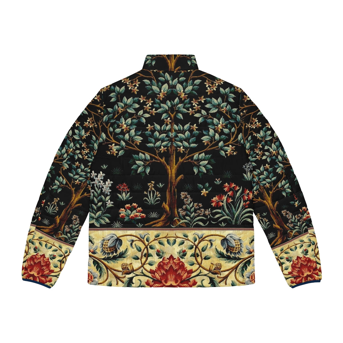 Midnight floral tapestry puffer jacket with enchanted, magical design - Back