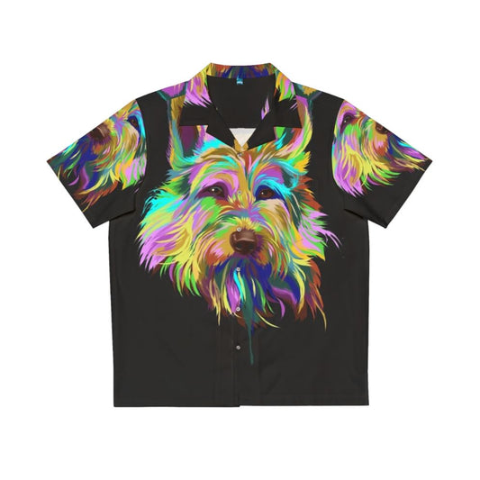 Berger De Picardie dog wearing a colorful Hawaiian style shirt