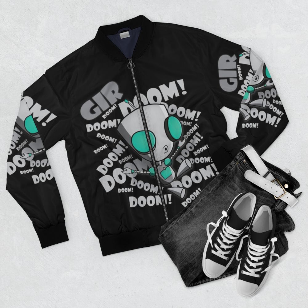 Doom Bomber Jacket featuring Gir and Invader Zim characters - Flat lay