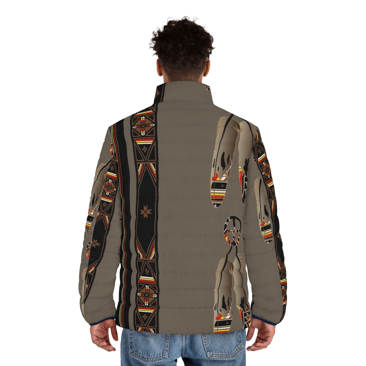 Model wearing a colorful puffer jacket featuring native american inspired designs and patterns - men back