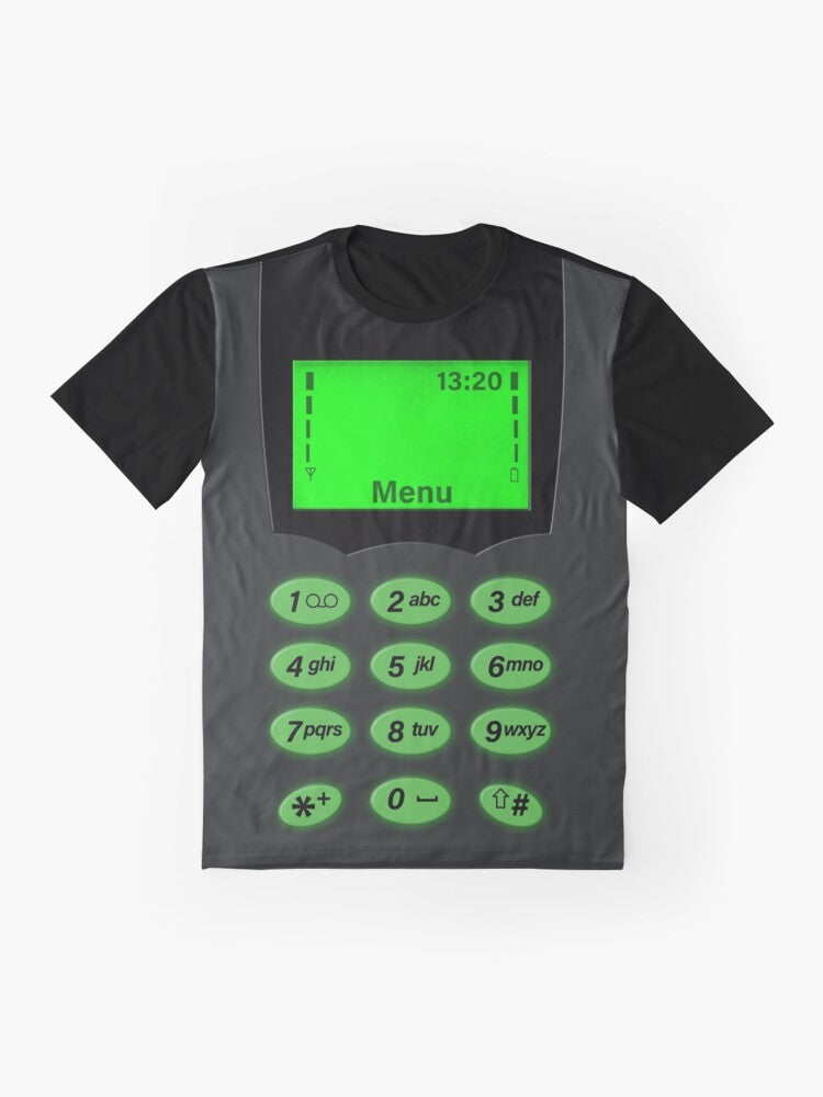 Vintage phone keypad design on a green graphic t-shirt - Flat lay