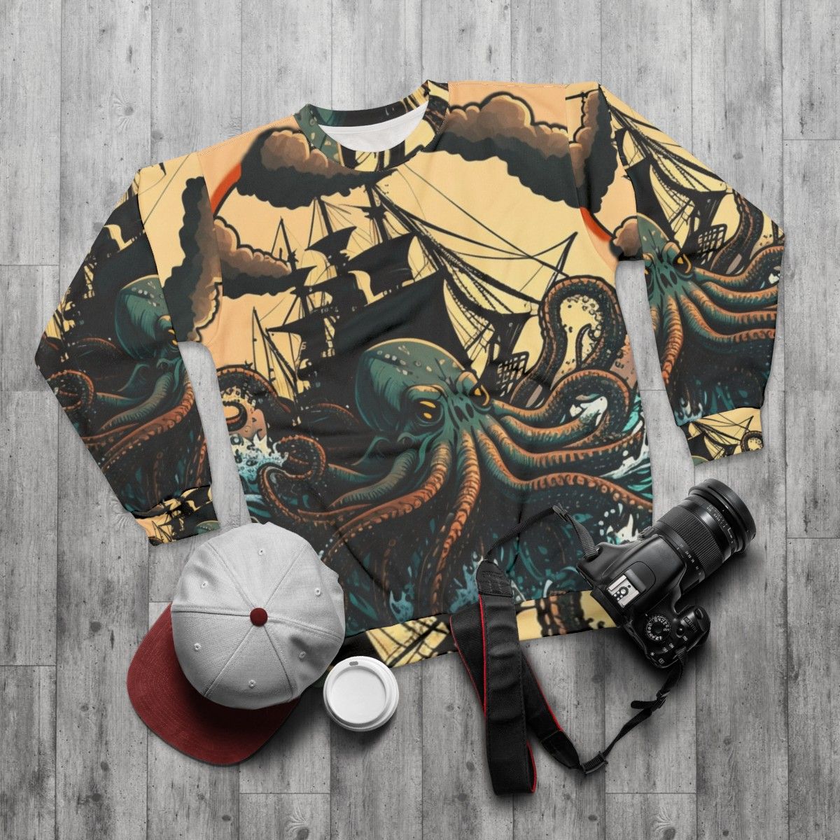 Illustration of various mythical sea creatures on a cozy sweatshirt - flat lay