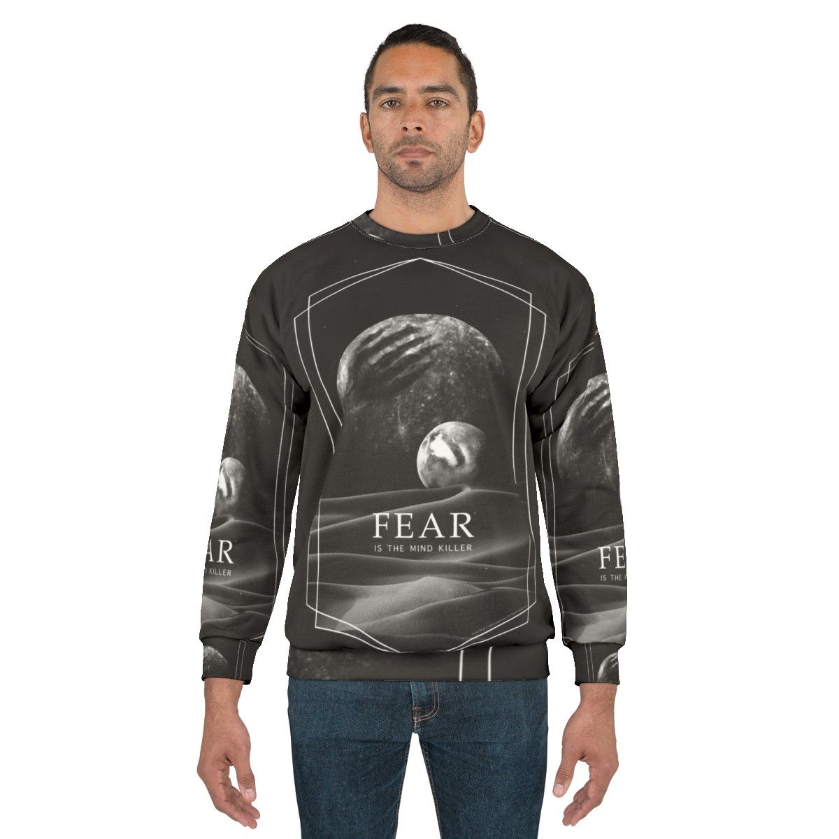 Dune sci-fi movie inspired sweatshirt with "Fear is the Mind Killer" quote - men