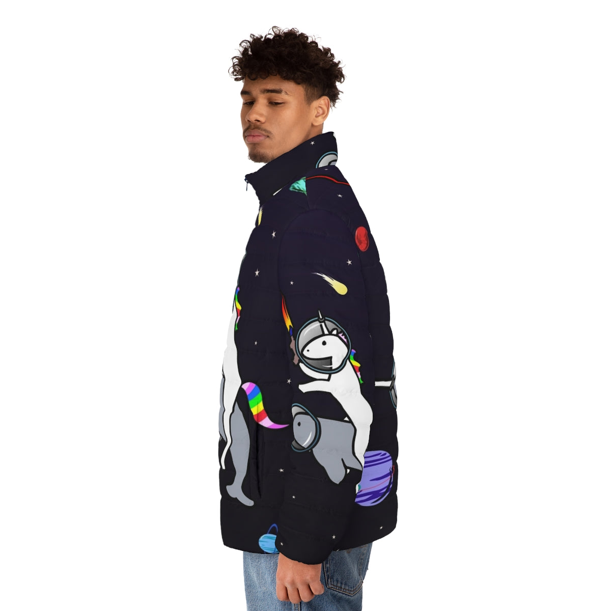 Puffer jacket featuring a unicorn riding a narwhal in space - men side left