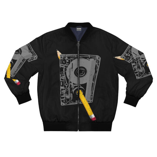 Retro bomber jacket with cassette tape and pencil design, representing nostalgia for the 80s and 90s era.