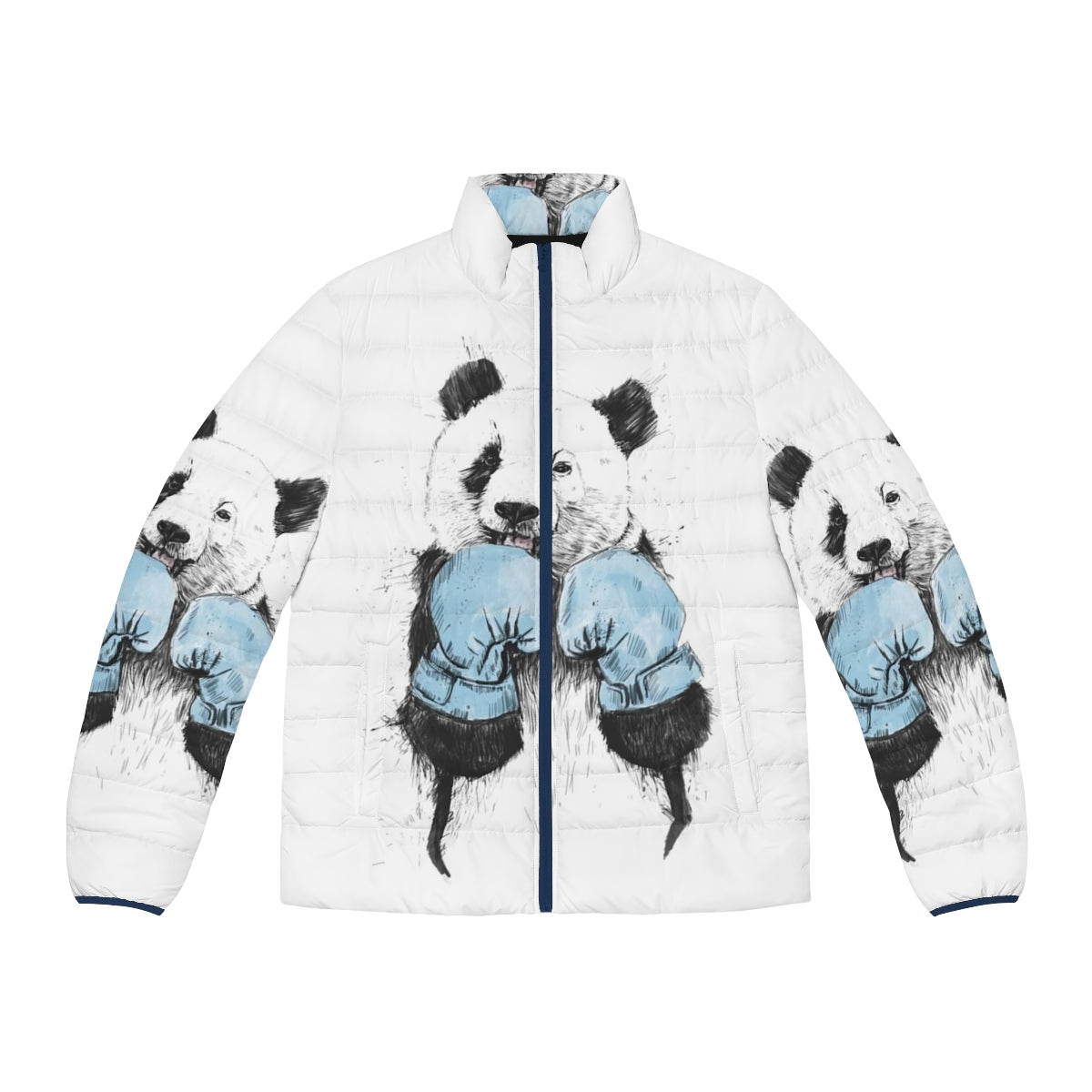 A puffer jacket with a funny animal print design, featuring a boxing panda illustration.