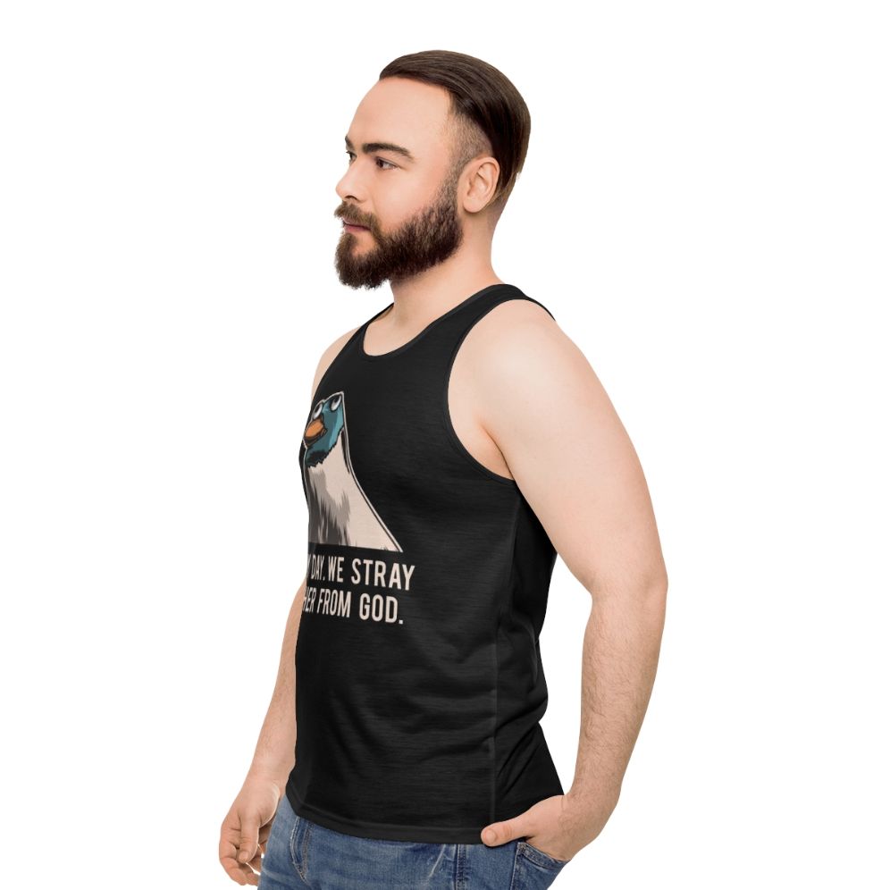 Unisex tank top with "Everyday We Stray Further From God" meme design - men side