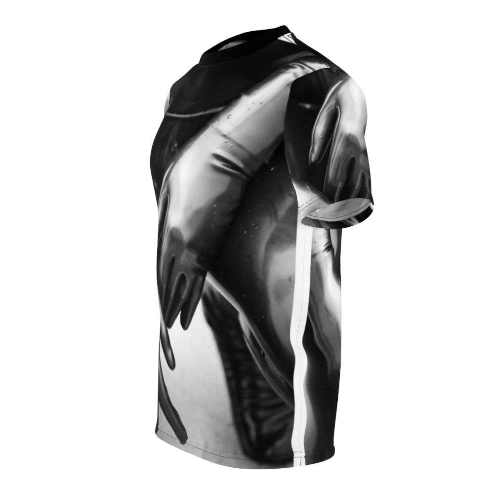 A black and white t-shirt design featuring a close-up of latex gloves with a shallow depth of field, creating an artsy and stylized look. - men left