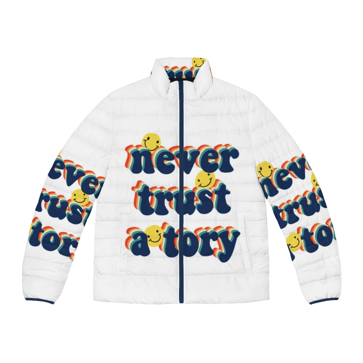 "Anti-Tory Puffer Jacket with 'Never Trust a Tory' slogan"