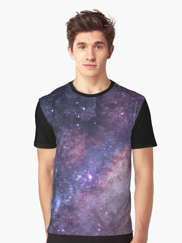 Galaxy Graphic T-Shirt with Purple Stars and Cosmic Design - Men