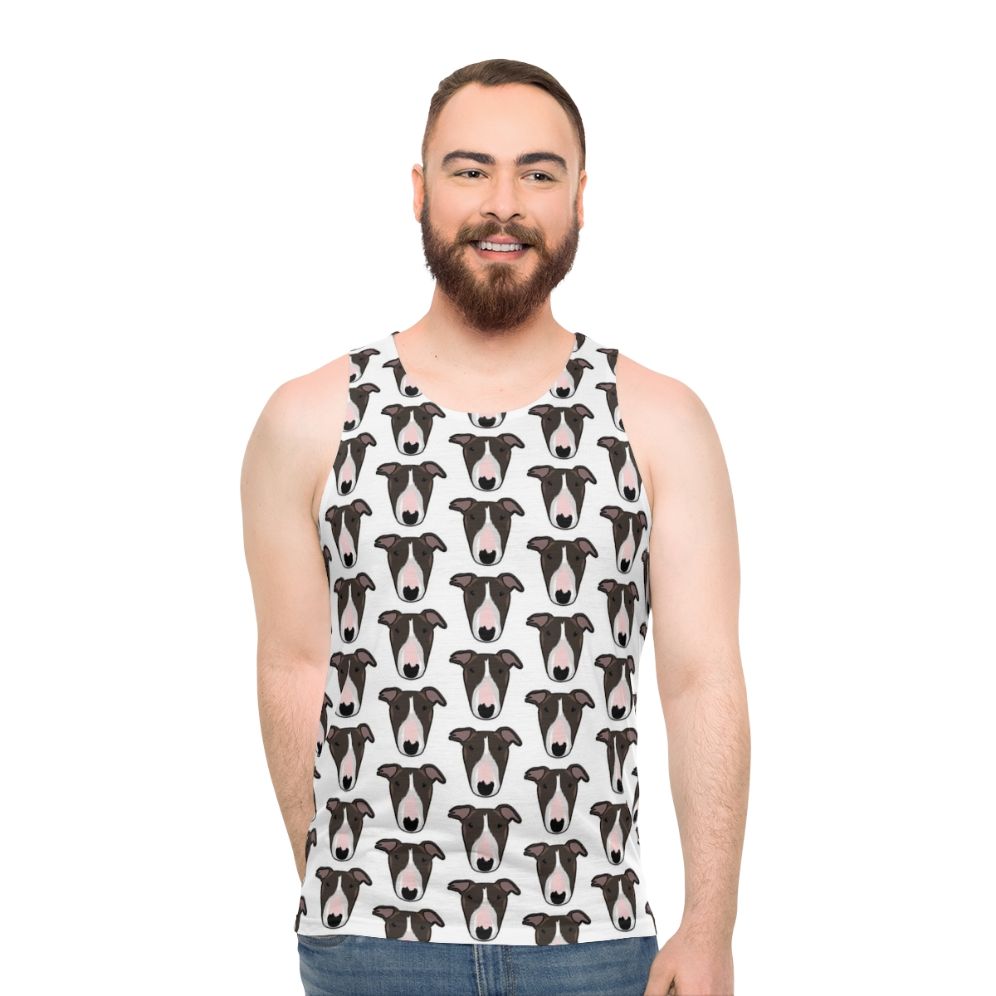 Unisex tank top with a playful bull terrier design - men