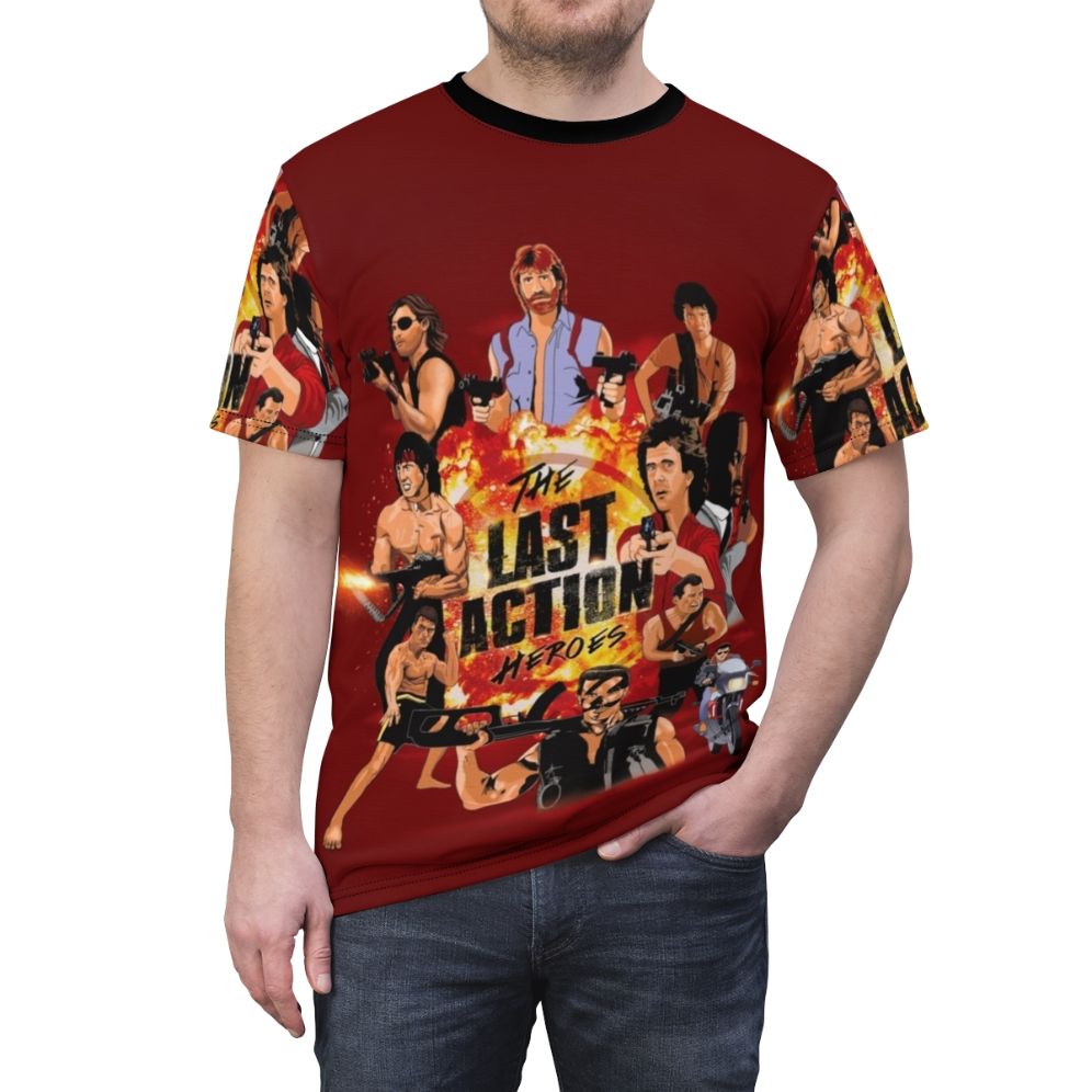 Vibrant t-shirt design featuring iconic 80s action movie stars in a retro, nostalgic style - men front