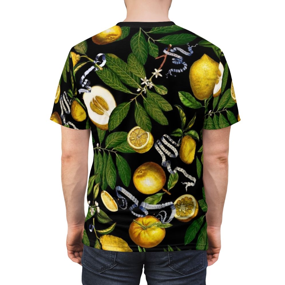 A stylish t-shirt featuring a vibrant lemon tree botanical design with tropical leaves and foliage. - men back