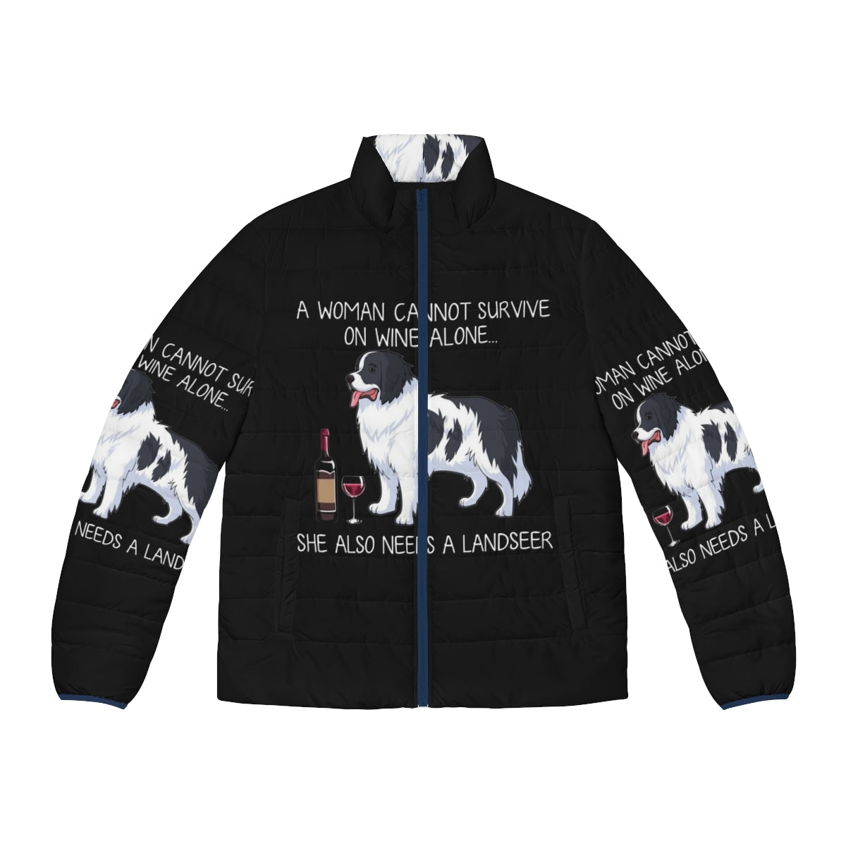 Landseer dog wearing a puffer jacket with a funny dog and wine graphic