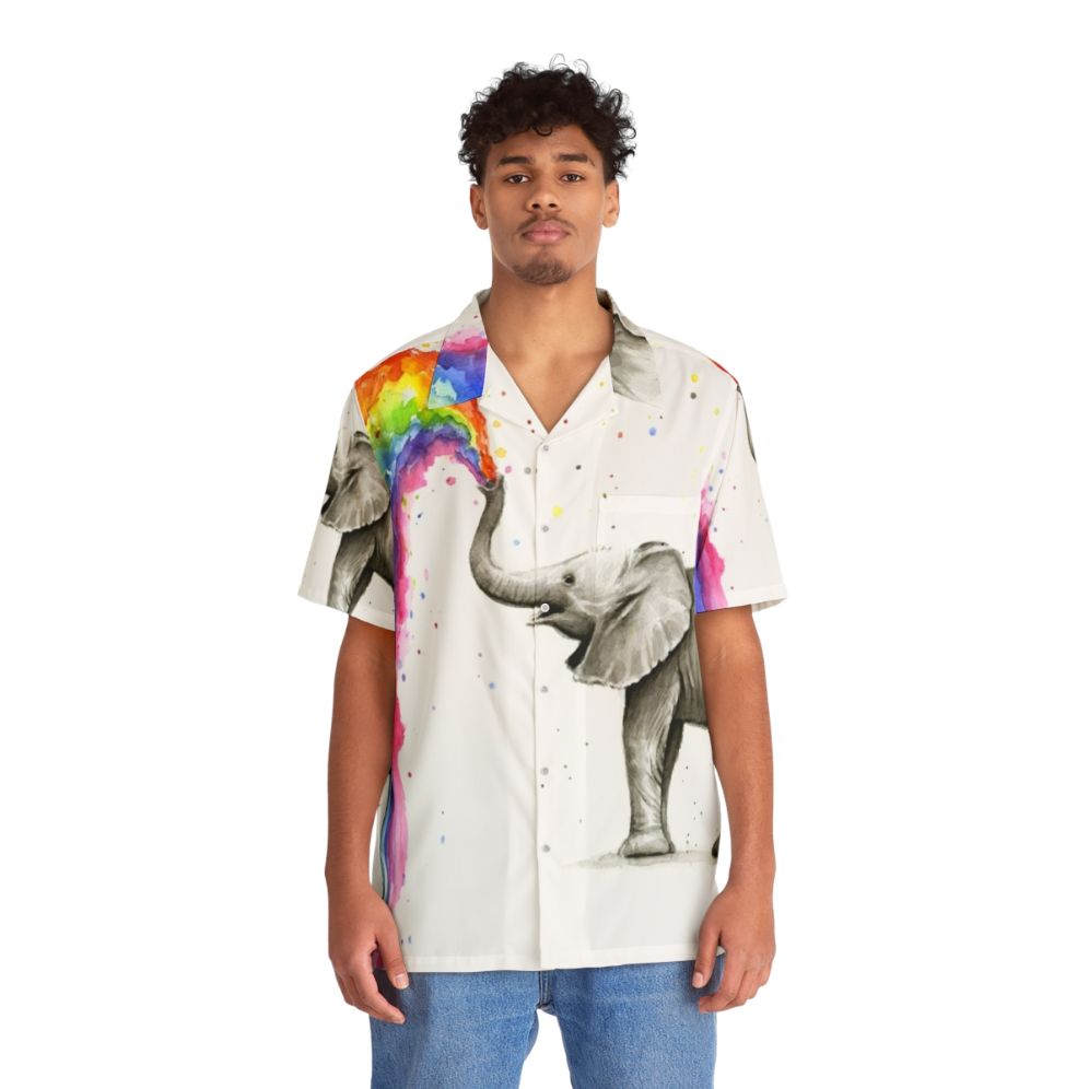 Baby elephant spraying rainbow watercolor on Hawaiian shirt - People Front