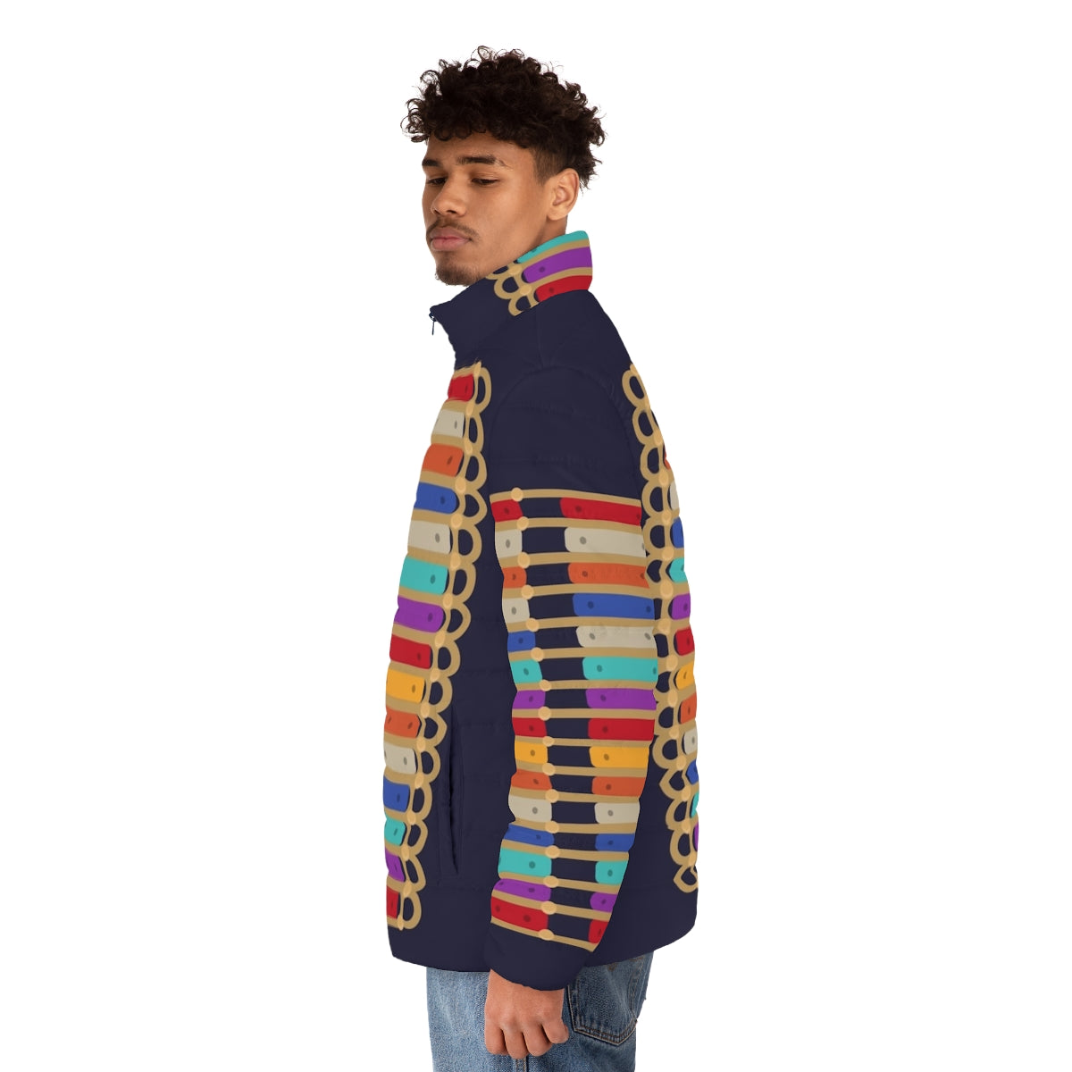 Mr Music Puffer Jacket with Sack Lunch Bunch Inspired Design - men side left