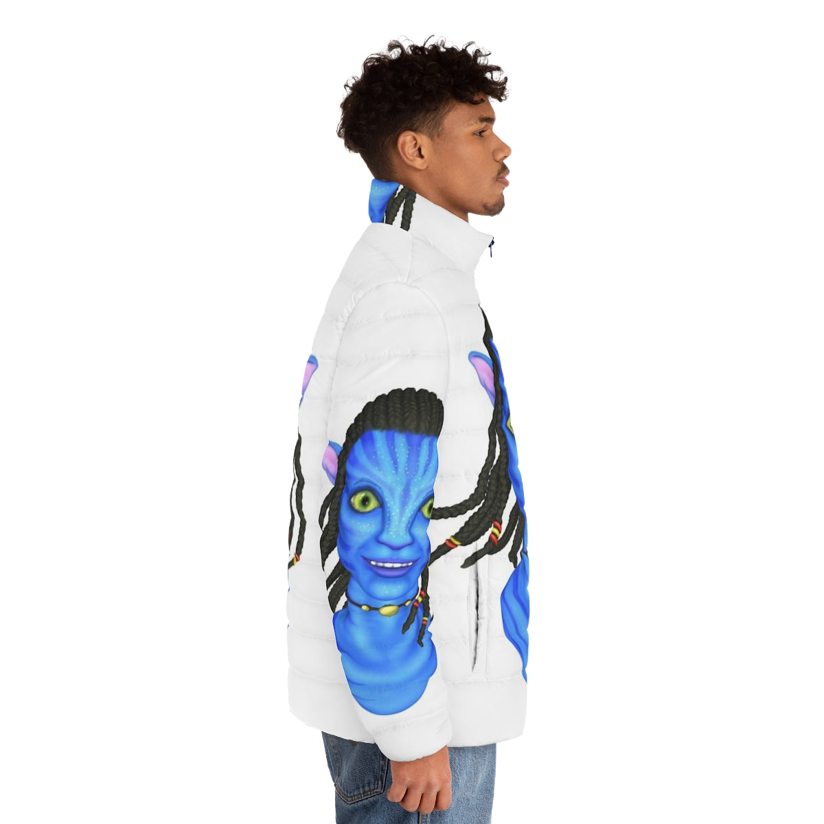 Avatar-inspired puffer jacket with vibrant colors and whimsical hairstyles - men side right