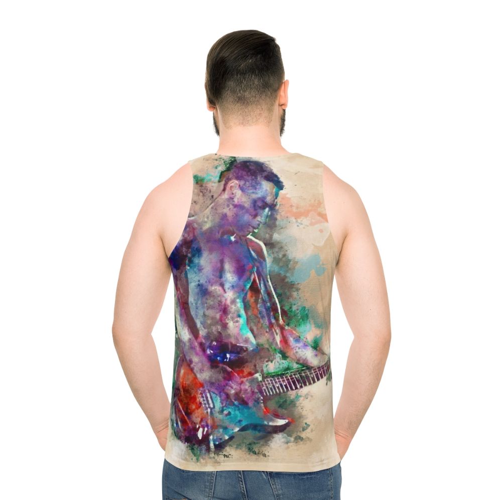 Vibrant guitar boy unisex tank top with watercolor art design - men back