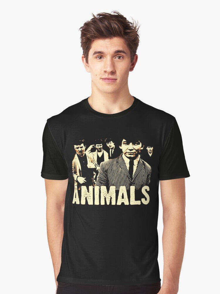 Vintage-style graphic t-shirt featuring classic rock bands like The Animals, Credence Clearwater Revival, and Led Zeppelin. - Men