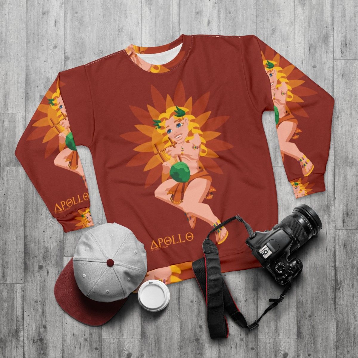 Lil Apollo Greek Mythology Sweatshirt with Sun Symbol - flat lay