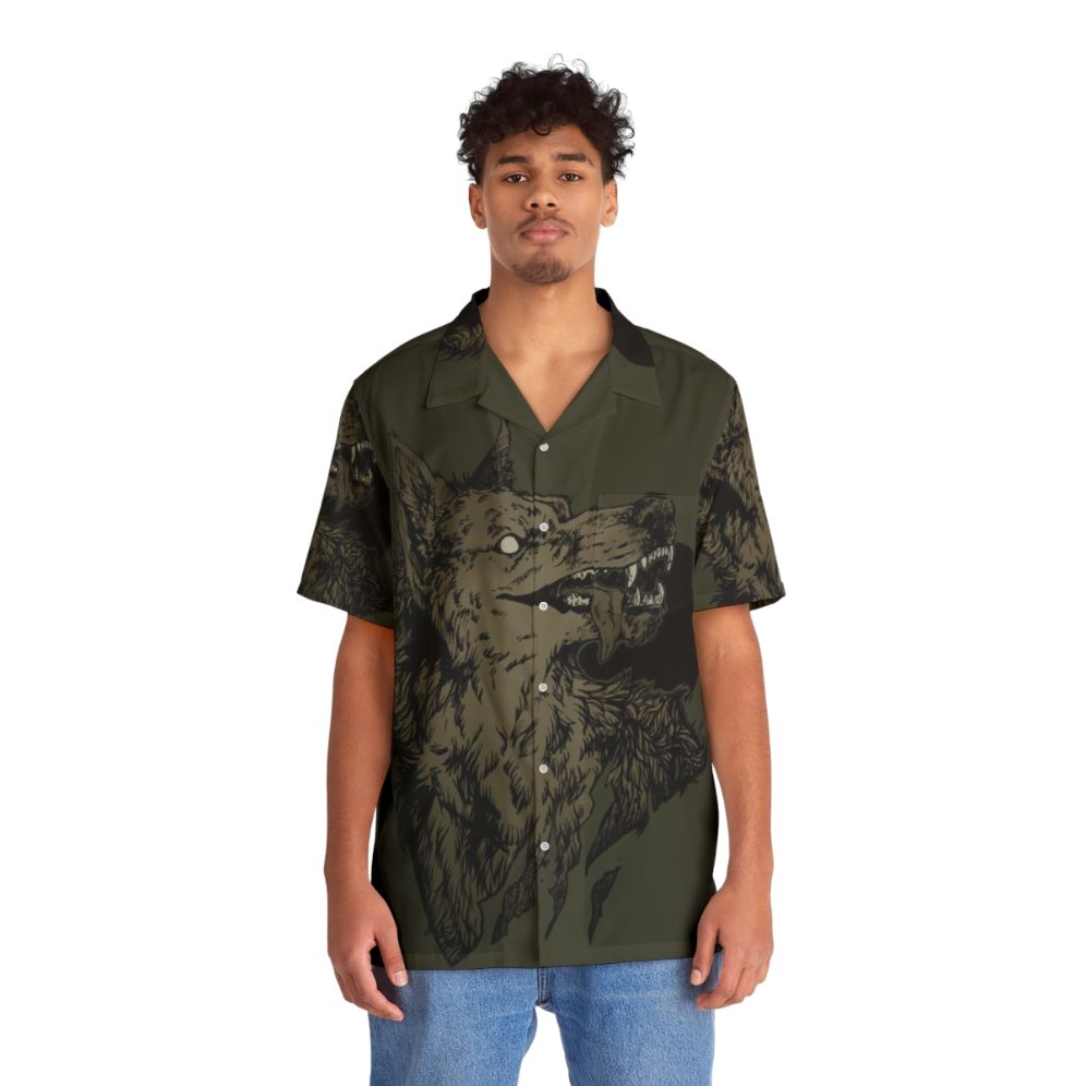 Werewolf Hawaiian shirt featuring a wolf howling at the full moon - People Front