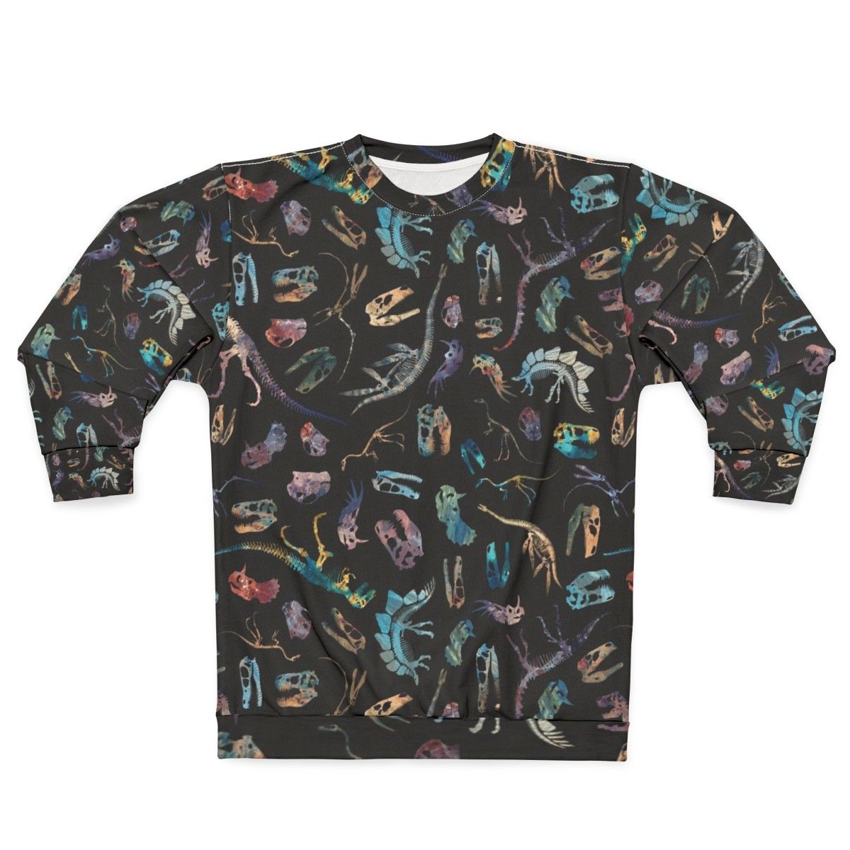 Dark sweatshirt with minimalist dinosaur fossil silhouette pattern